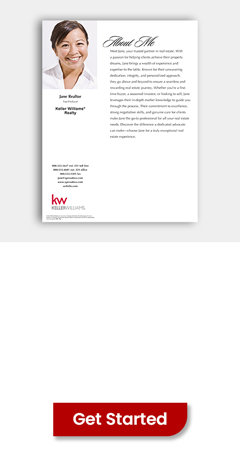 customizable Keller Wiliams agent profile flyers with logo and photo using KW approved template